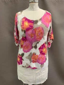 I.N.C., Pink, White, Multi-color, Rayon, Nylon, Floral, Button Front, Ruched Sleeves, Taupe And Yellow Colors