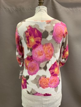 I.N.C., Pink, White, Multi-color, Rayon, Nylon, Floral, Button Front, Ruched Sleeves, Taupe And Yellow Colors