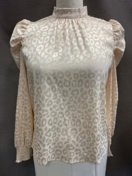 Womens, Blouse, JEALOUS TOMATO, Eggshell White, Champagne, Polyester, Spandex, Animal Print, L, L/S, Collar Band, Puffed Sleeves, Scrunched Cuffs, Roche Center Front, 2 CB Buttons Leopard Print