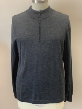 Mens, Pullover Sweater, JOS.A.BANK, Charcoal Gray, Wool, Heathered, XL, Stand Collar, Half Zipper, L/S