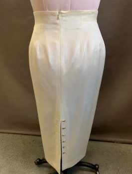 CHRISTIAN DIOR, Ivory White, Polyester, Acetate, Solid, Zip Back, Long, 6 White Rhinestone Buttons Down Back,