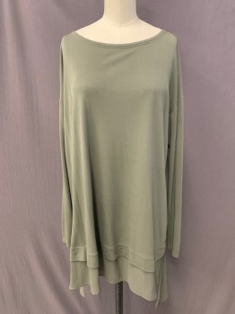 Womens, Top, EILEEN FISHER, Olive Green, Silk, XS, Pullover, Round Neck, Long Sleeves, Sheer Hem, High Low Hem