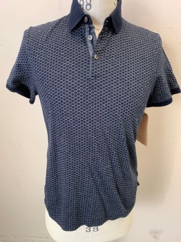 TED BAKER, Navy Blue, Lt Gray, Cotton, Polyester, Geometric, Heathered, Heathered Honeycomb Pattern, Short Sleeves,
