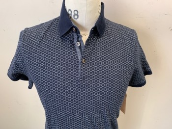 TED BAKER, Navy Blue, Lt Gray, Cotton, Polyester, Geometric, Heathered, Heathered Honeycomb Pattern, Short Sleeves,