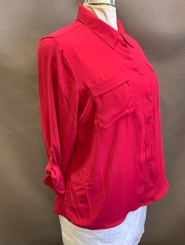 Womens, Blouse, COVINGTON, Fuchsia Pink, Polyester, Solid, 2X, Chiffon, Long Sleeves, Button Front, Collar Attached, 2 Patch Pockets