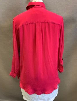 COVINGTON, Fuchsia Pink, Polyester, Solid, Chiffon, Long Sleeves, Button Front, Collar Attached, 2 Patch Pockets