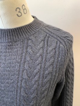 Mens, Pullover Sweater, BANANA REPUBLIC, Dk Gray, Wool, Nylon, Cable Knit, Heathered, M, L/S, CN, Rib Knit Waistband, Cuffs And Collar, Multiple Knit Styles