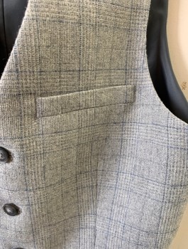 Mens, Suit, Vest, TOPMAN, Gray, Polyester, Wool, Plaid, 34, 5 Button, 3 Pocket