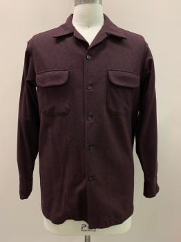 Mens, Casual Shirt, PENDLETON, Red Burgundy, Black, Wool, 2 Color Weave, M, L/S, Button Front, Collar Attached, Chest Pocket