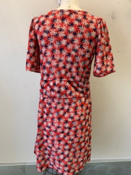 NO LABEL, Red, White, Navy Blue, Rayon, Floral, S/S, Crew Neck, Waist Skirt Flap, Pullover, Made to Order