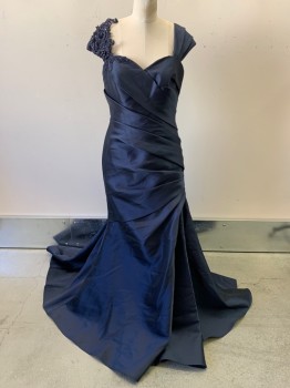 Womens, Evening Gown, BADGLEY MISCHKA, Navy Blue, Polyester, Solid, B 36, 10, W 30, Mermaid Style Gown, Shoulder Cap, Sweetheart Neckline, Embroiderred and Beaded Detail on Right Shoulder, Pleats and Folds All Throughout, Large Bow Detail in Bottom Back, Back Zipper,