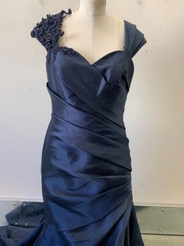 Womens, Evening Gown, BADGLEY MISCHKA, Navy Blue, Polyester, Solid, B 36, 10, W 30, Mermaid Style Gown, Shoulder Cap, Sweetheart Neckline, Embroiderred and Beaded Detail on Right Shoulder, Pleats and Folds All Throughout, Large Bow Detail in Bottom Back, Back Zipper,