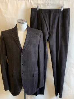POLO, Dk Brown, Beige, Wool, Stripes - Vertical , Notched Lapel, 3 Bttn Single Breasted, 3 Pckts, Double Back Vent