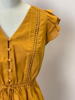 POINT SUR, Mustard Yellow, Cotton, Solid, Layered Flare Sleeves, V Neck, B.F., D String Waist With Tassel Ends, Crochet Detail,