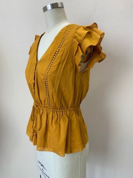 POINT SUR, Mustard Yellow, Cotton, Solid, Layered Flare Sleeves, V Neck, B.F., D String Waist With Tassel Ends, Crochet Detail,