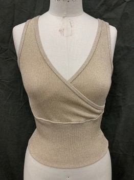 Womens, Top, CACHE, Gold, Acetate, Lurex, Solid, M, Sleeveless, Surplice Top, Ribbed Knit Wide Peplum, Ribbed Knit Trim