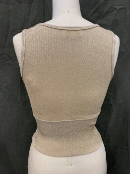 CACHE, Gold, Acetate, Lurex, Solid, Sleeveless, Surplice Top, Ribbed Knit Wide Peplum, Ribbed Knit Trim