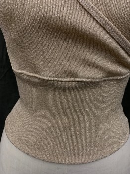 Womens, Top, CACHE, Gold, Acetate, Lurex, Solid, M, Sleeveless, Surplice Top, Ribbed Knit Wide Peplum, Ribbed Knit Trim