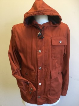 Mens, Casual Jacket, IRON & RESIN, Dk Orange, Charcoal Gray, Navy Blue, Red, Cotton, Polyester, Solid, Plaid, L, Dark Mute Orange with Heather Charcoal Gray, Navy, Red Plaid Lining, Hoody with Black Elastic Cord, 3 Pockets with Flap, Long Sleeves, Zip Front, & Metal Button Front,