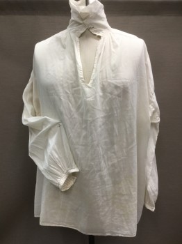 Mens, Historical Fiction Shirt, MTO, Off White, Cotton, Solid, 2XL, Off White, 4 Buttons Collar Attached, V-neck, Cluster Gathered Top Long Sleeve & Cuffs, ( 2 Small Holes in the Back) (4 Button Holes ---but NO BUTTON)