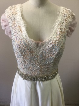 Womens, Evening Gown, JOVANNI, Cream, Baby Pink, Polyester, Spandex, Floral, 4, Cream Silk, Cream Crosade Floral Print Multi Color Rhinestones Dimond Wasit Band Light Pink Chiffom on Shoulders