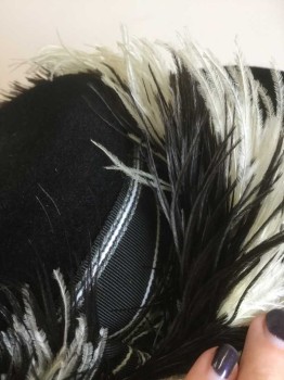 N/L, Black, Off White, Wool, Feathers, Solid, Black Plush Felt, Large Black and Off White Ostrich Feathers That Wrap Around Crown, Black Grosgrain Band Underneath with Gray and White Embroidery, Flat Oval Crown with 4" Wide Brim, Self Chin Strap, Made To Order,