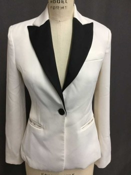 Womens, Blazer, N/L, Ivory White, Black, Polyester, Solid, 2, 1 Black Button, Black Peaked Lapel, Single Breasted,