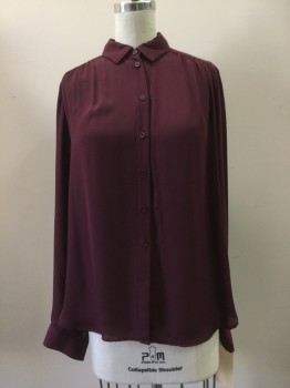 H&M, Plum Purple, Polyester, Solid, Plum, Button Front, Collar Attached, Long Sleeves,
