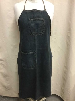 N/L, Denim Blue, Brown, Cotton, Solid, Dark Denim, Very Dusty/Dirty and Aged, Possibly Teched/Overdyed, Bib Style, Brown Twill Loop At Neck and Ties At Sides, 1 Patch Pocket At Chest and One At Hip