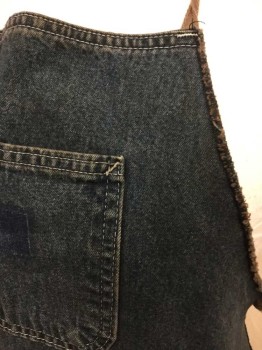 N/L, Denim Blue, Brown, Cotton, Solid, Dark Denim, Very Dusty/Dirty and Aged, Possibly Teched/Overdyed, Bib Style, Brown Twill Loop At Neck and Ties At Sides, 1 Patch Pocket At Chest and One At Hip