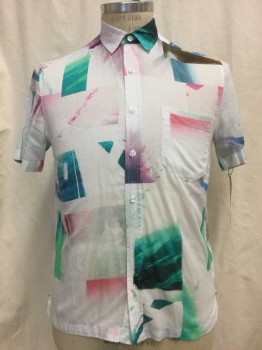 TOPMAN, White, Multi-color, Cotton, Color Blocking, Abstract , White, Multi Color Abstract Color Block Print, Button Front, Collar Attached, Short Sleeves,