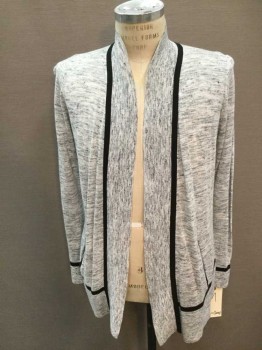 Mens, Cardigan Sweater, LOU & GREY, Lt Gray, Heathered, M, with Black Stripe Detail, Open Front, Shawl Collar, 2 Pockets