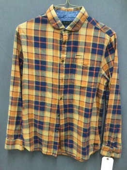 S, Rust Orange, Navy Blue, Ochre Brown-Yellow, Cotton, Plaid, Spread Collar Attached, Button Front, Long Sleeves, 1 Pocket, and Pen Pocket,