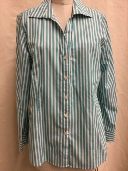 FOX CROFT, White, Turquoise Blue, Navy Blue, Cotton, Stripes, Herringbone, Button Front, Collar Attached,  Long Sleeves, V-neck,