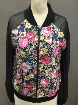 Womens, Casual Jacket, NAMELESS, Pink, Green, Black, Blue, White, Cotton, Spandex, Floral, M, Floral Front And Back, Sheer Raglan Sleeve, Black Ribbed Stand Collar/Cuff/Hem, Zip Front,