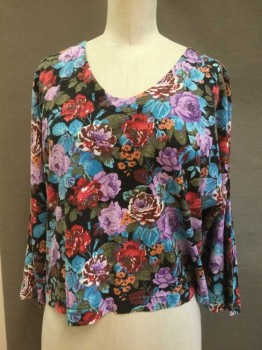 Womens, Top, SAUCI, Black, Turquoise Blue, Red, Orange, Olive Green, Poly/Cotton, Floral, M, Scooped V. Neck, 3/4 Sleeves, Jersey Knit