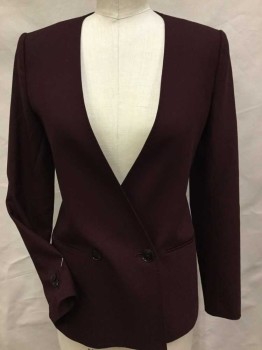 Womens, Blazer, THOERY, Maroon Red, Wool, Lycra, Solid, 0, Maroon W/maroon Lining, Deep V-neck, Double Breasted, 2 Button Front, 2 Pockets, Long Sleeves, 2 Split Back Hem
