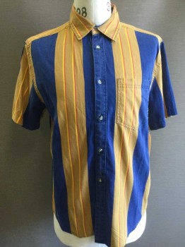 URBAN OUTFITTERS, Ochre Brown-Yellow, Yellow, Red, Cotton, Stripes - Vertical , Button Front, Short Sleeves, Collar Attached, 1 Pocket,