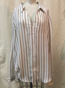 Womens, Blouse, WHT HOUSE BLK MKT, White, Brown, Black, Polyester, Stripes, 14, White, Brown/black Stripes, V-neck, Collar Attached, Long Sleeves,
