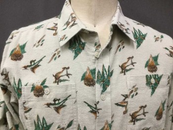 MATRIX, Cream, Green, Brown, Mustard Yellow, Cotton, Animal Print, Flying Ducks, Animal, Camp Fire, Animal Scenes, Collar Attached, Button Front, Long Sleeves, 2 Pockets