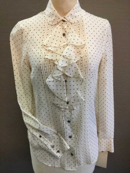 Womens, Blouse, N/L, Cream, Black, Silk, Polka Dots, B 34, Cream W/small Black Polka Dots, Collar Attached, Pleat & Self Ruffle Front Center, Button Front, Long Sleeves,