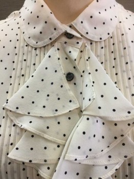 Womens, Blouse, N/L, Cream, Black, Silk, Polka Dots, B 34, Cream W/small Black Polka Dots, Collar Attached, Pleat & Self Ruffle Front Center, Button Front, Long Sleeves,
