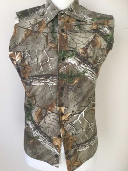 SILENT HIDE/REDHEAD, Taupe, Green, Brown, Dk Brown, White, Cotton, Leaf, Camouflage, Leaf/Branches Pattern Camouflage Hunting Shirt, Cut Off Sleeves, Button Front, Collar Attached, 2 Hidden Zip Pockets at Chest
