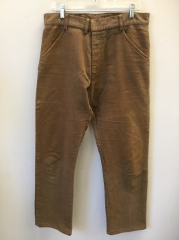 Mens, Historical Fiction Pants, MTO, Lt Brown, Cotton, Solid, Ins:32, W:33, Brushed Cotton, Flat Front, Button Fly, 3 Pockets, Belt Loops, Made To Order Old West