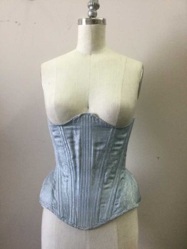 MTO, Lt Blue, Silk, Cotton, Floral, Boning Center Front, and Panels. Under Bust Corset, Padded Hips, Lacing Cb.no Lacing