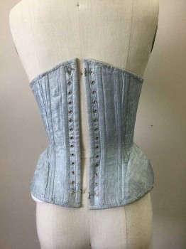 MTO, Lt Blue, Silk, Cotton, Floral, Boning Center Front, and Panels. Under Bust Corset, Padded Hips, Lacing Cb.no Lacing