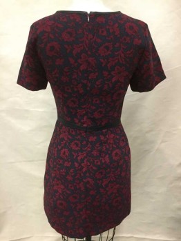 Womens, Dress, Short Sleeve, OASIS, Dk Gray, Wine Red, Polyester, Floral, Heathered, 8, Heather Charcoal Gray W/wine Ornate Floral Print, Black Lining, Brown Leather Round Neck & Waist Band, Short Sleeve, Zip Back,
