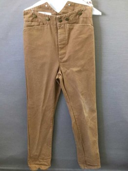 Mens, Historical Fiction Pants, NL, Tan Brown, Cotton, Solid, 34in, 30w, Canvas/Duck, Western Pocket, Brass Suspender Buttons, Adjustable Back,