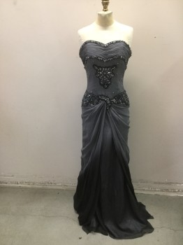 Womens, Evening Gown, MNM, Gray, Black, Silver, Silk, Beaded, Solid, W26, B32, Gray Chiffon Strapless Bodice with Black Ombre Lower, Black & Silver Beading on Bodice, Zipper Center Back,