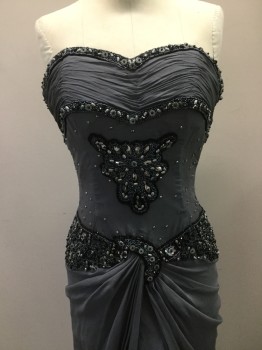 Womens, Evening Gown, MNM, Gray, Black, Silver, Silk, Beaded, Solid, W26, B32, Gray Chiffon Strapless Bodice with Black Ombre Lower, Black & Silver Beading on Bodice, Zipper Center Back,